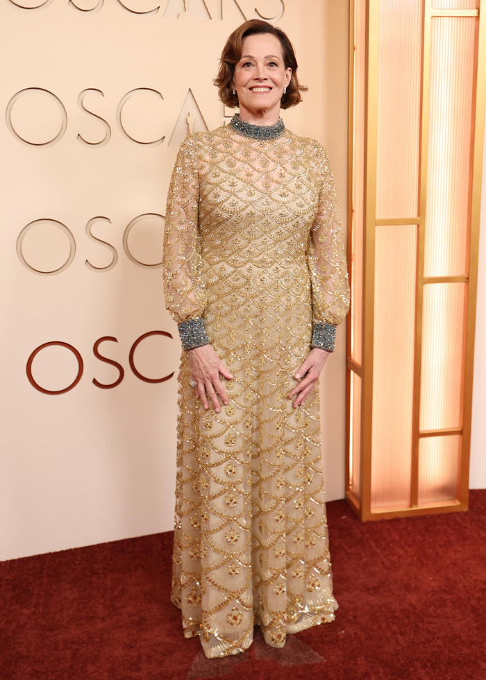 Woman in a shimmering long gold gown with blue accents, posing on the red carpet showcasing jaw-dropping Oscars 2026 outfits.