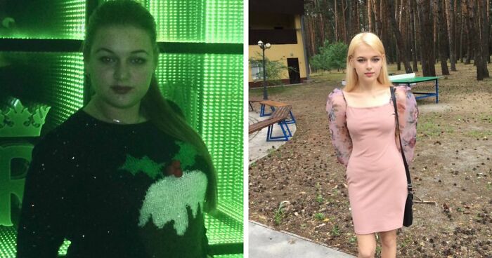 Before and after photo showing an unbelievable transformation of a young woman who totally changed her life in 3 years