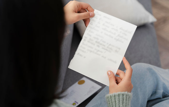 Woman sitting on a couch reading a handwritten letter, symbolizing man&rsquo;s deep regret after ditching fianc&eacute;e.