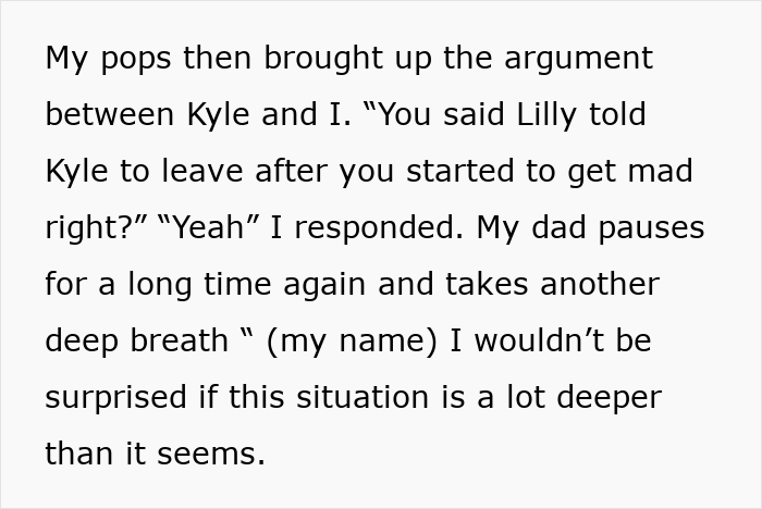 Text discussing an argument between a boyfriend and girlfriend after meeting her ex in his apartment.