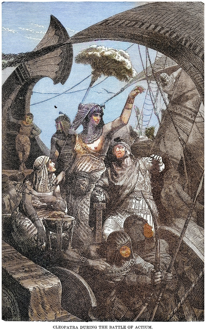 Cleopatra depicted during the Battle of Actium, illustrating famous leaders who changed history with influence and power.