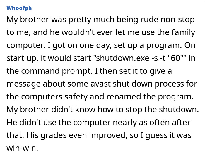 Screenshot of a sibling rivalry story about clever computer prank improving grades, highlighting funny childhood rivalry moments.