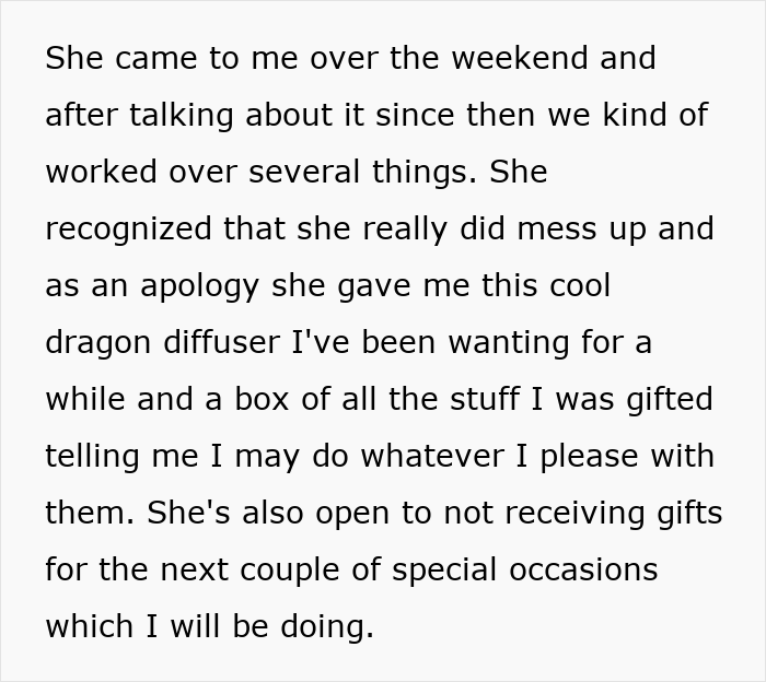 Apology gift including dragon diffuser and permission to trash girlfriend&rsquo;s gift after relationship discussion and making amends.