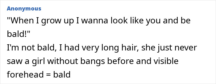 Text post showing an anonymous funny kid roast with no filter about looking bald as a grown-up.