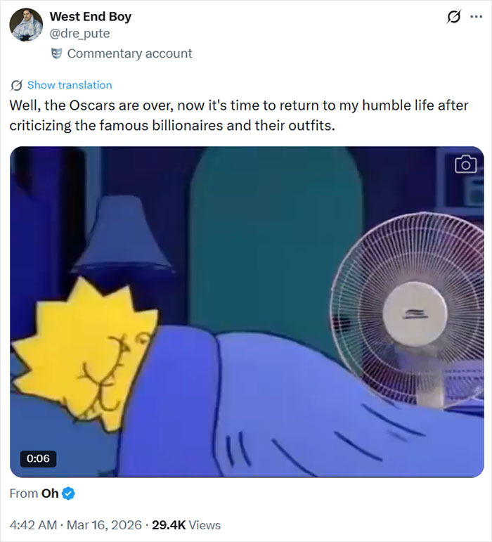 Animated character sleeping in bed with fan on, reflecting Oscars memes and viewers' reactions to the event.