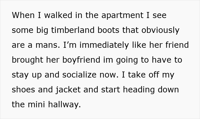 Text on a white background describing a boyfriend noticing men's boots in his apartment before realizing his girlfriend's old friend is her ex.