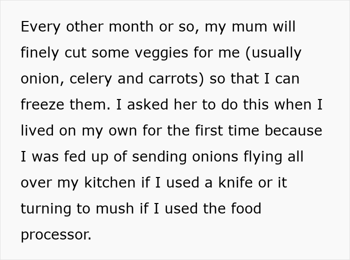 Text excerpt about mum cutting vegetables for freezing, highlighting challenges with knife use by a guy with one arm.