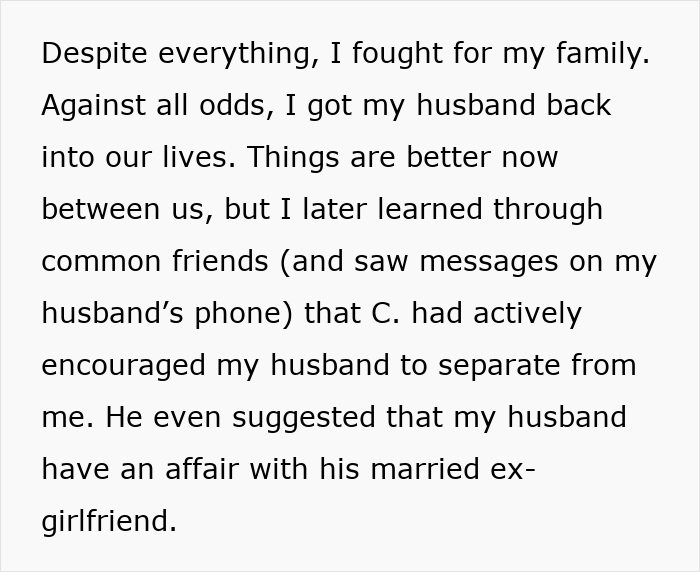 Alt text: Text about a wife discovering her husband's best friend sabotaged their marriage by encouraging divorce and an affair.