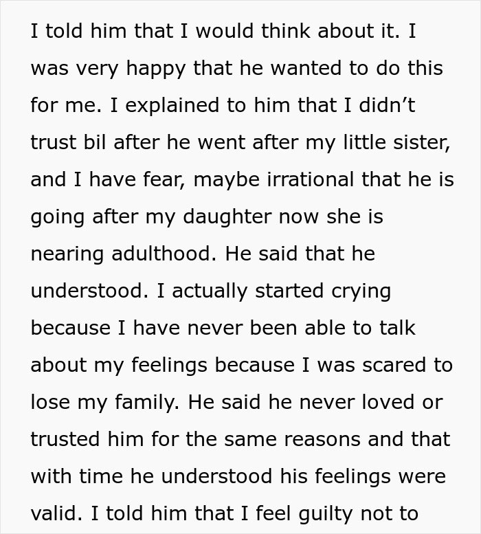 Text from a woman explaining her fear and lack of trust toward her BIL, refusing to let her daughter be near him. Text from a woman explaining her fear and lack of trust toward her BIL, refusing to let her daughter be near him.