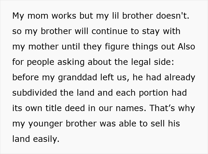 Text excerpt discussing a brother who inherited land and money from their grandfather with titled deeds in their names.