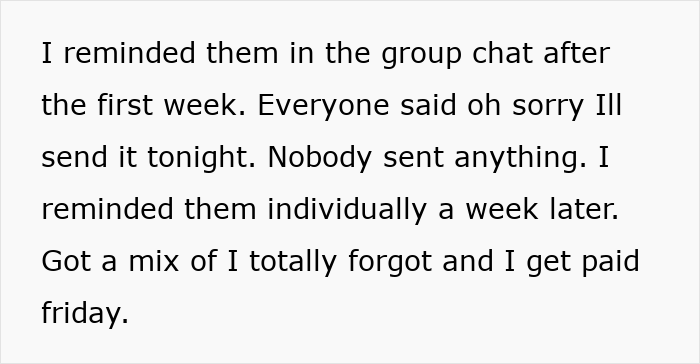 Text message conversation showing entitled freeloaders ignoring payment reminders from a generous friend during a vacation planning chat.