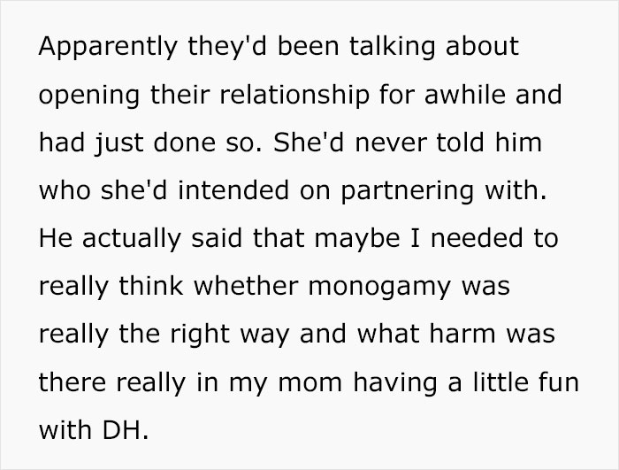 Text about monogamy doubts after woman catches mom with her fiancé, causing family conflict and distress.