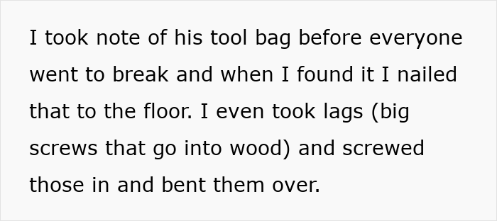 Alt text: Woman takes revenge by nailing coworker's tools to the floor after he tries to steal her ladder.