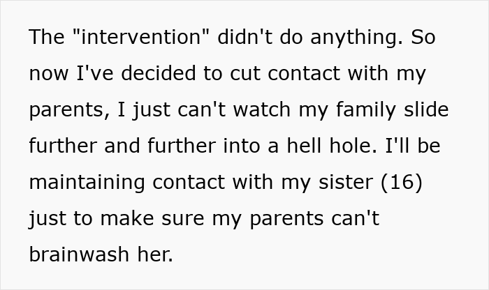 Text excerpt about cutting contact with delusional parents and protecting sister from brainwashing in a family conflict involving a teen sacrifice.