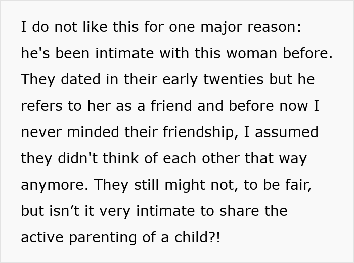 Text discussing a wife's discomfort as her husband wants to father his ex's child, hinting at a dark secret.