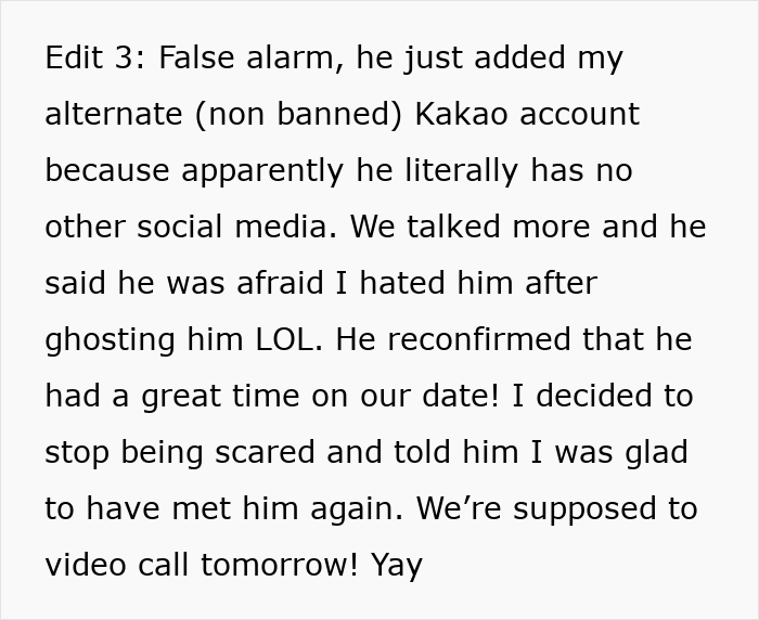 Text message about surprise addition on Kakao account after deleting dating app, reflecting first date abroad connection.