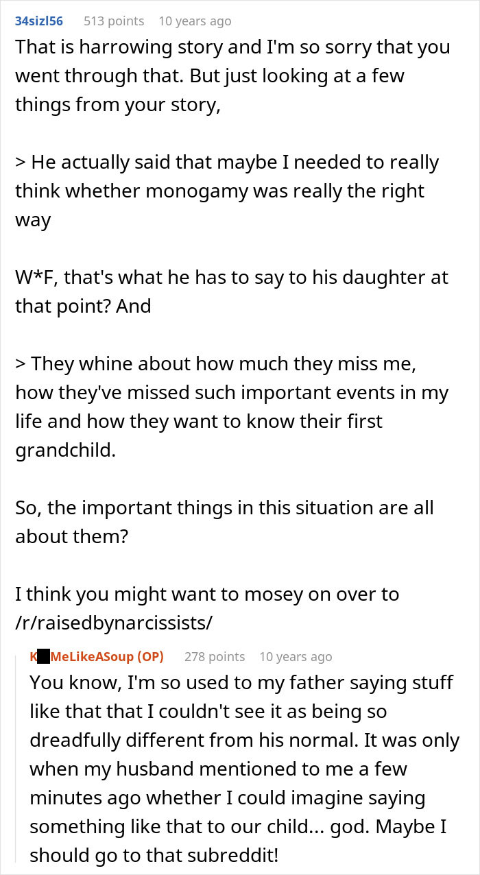 Text conversation discussing a woman cutting off parents after catching mom with fiancé, dealing with toxic family issues.