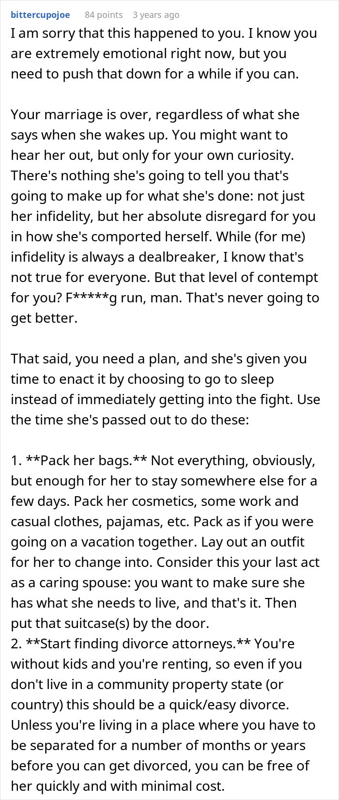 Reddit comment offering advice on dealing with a woman admitting to cheating multiple times and planning next steps.