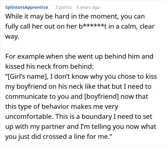 Text excerpt showing advice on setting boundaries when a woman tries to coexist with boyfriend&rsquo;s female friend and faces discomfort.