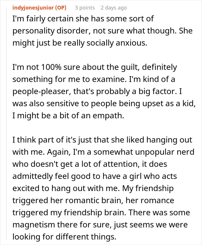 Screenshot of a Reddit comment discussing friendship dynamics and unrequited romantic feelings between a woman and her long-time friend.