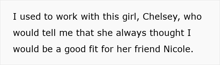 Text excerpt describing a lady hyping up her stunner friend to a single coworker before setting him up on a date.