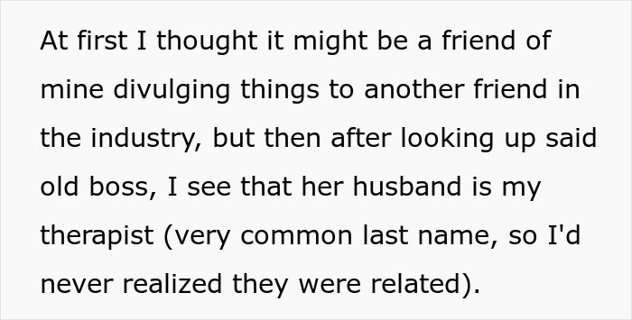 Text excerpt about woman confused how coworkers know much about her, discovering her therapist is her boss's husband.