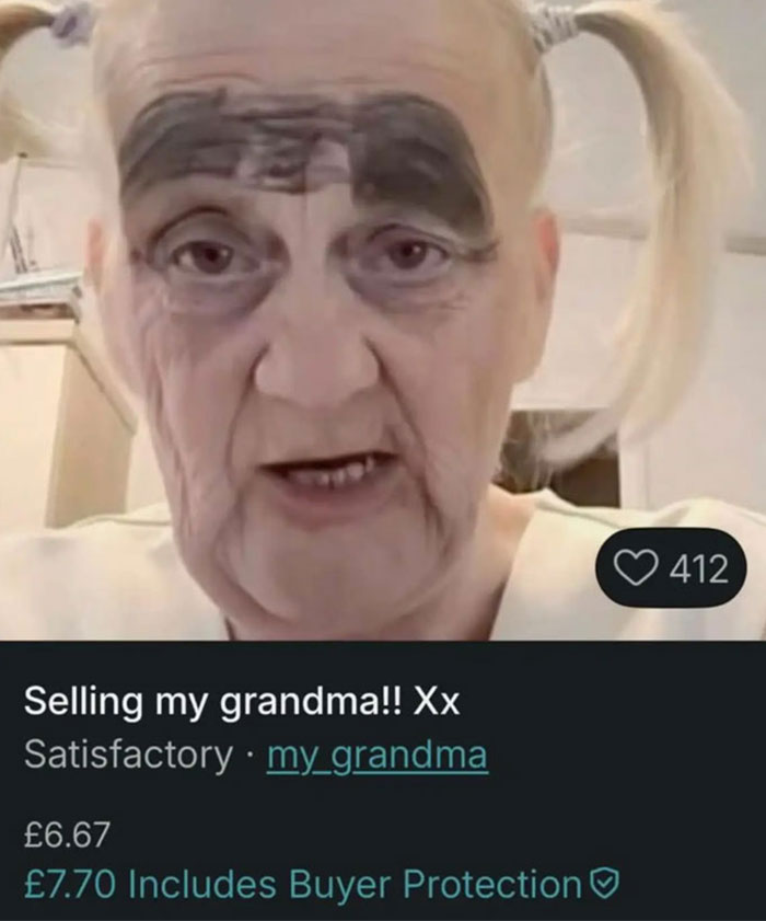 Elderly woman with exaggerated makeup and pigtails featured in a humorous Vinted listing with buyer protection.