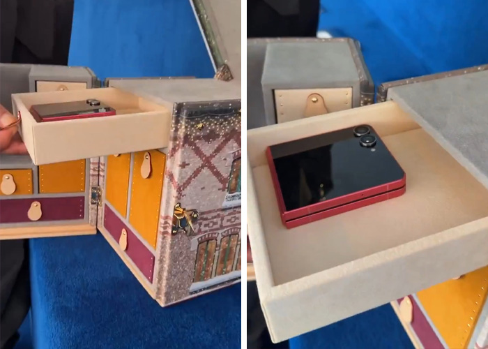 Luxury house bag with multiple compartments and a red smartphone inside, featured in a Jaden Smith tour controversy.