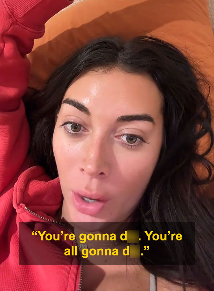 Brianna Chickenfry in a red hoodie giving a serious warning about dangers of weight loss injections in a close-up video.
