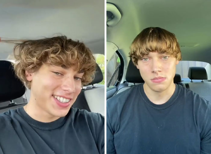 Side-by-side photos of a young man in a car showing a before and after of a hairdresser’s traumatizing haircut on his locks.