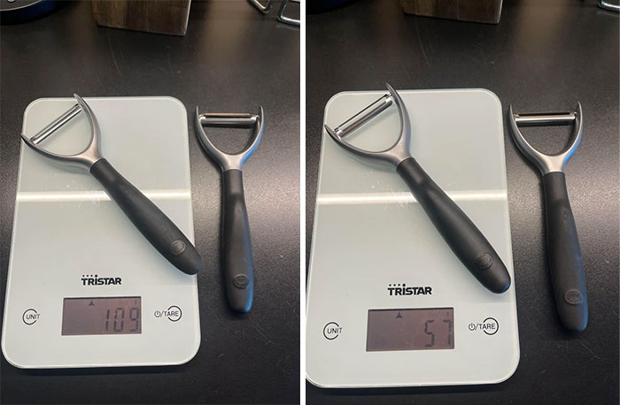 Two vegetable peelers on a kitchen scale showing obvious shrinkflation with weight difference.