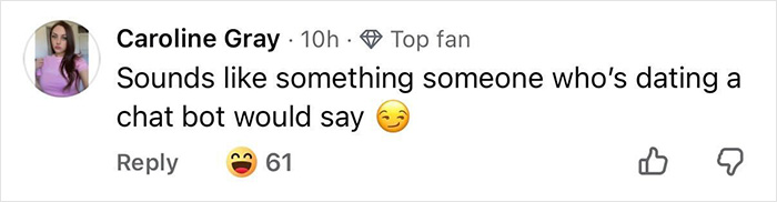 Social media comment from Caroline Gray reacting humorously to a bizarre Zach Braff accusation online.