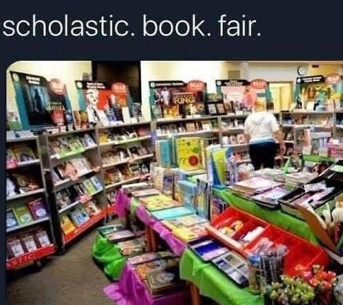Scholastic book fair with colorful displays of books and school supplies, highlighting '90s nostalgia and past moments.