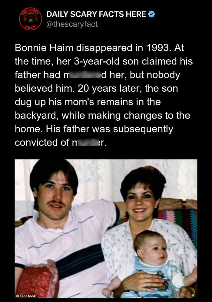 Text post revealing a scary fact about a m****r case, with a family photo of parents and a baby included.
