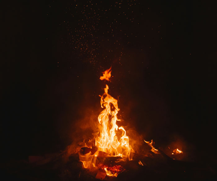 A bright campfire burning in the dark woods, evoking terrifying things people saw or heard outdoors.