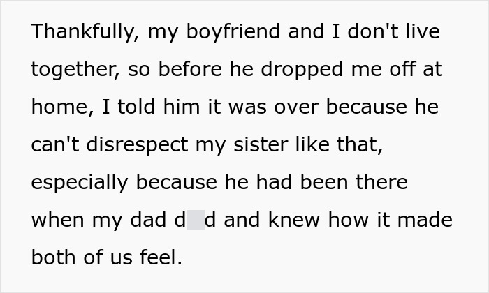 Text excerpt about a boyfriend disrespecting girlfriend's sister, ending a 3-year relationship with one comment.