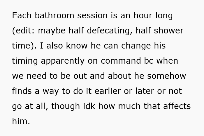Text describing a man&rsquo;s bathroom habit used to flee parenting duties, frustrating his wife with excuses and timing.