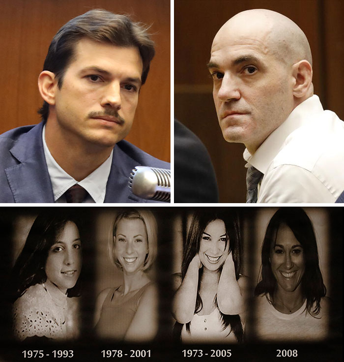 Collage of morbid celebrity facts showing serious courtroom scenes and portraits of women with life spans, highlighting twisted celebrity stories.
