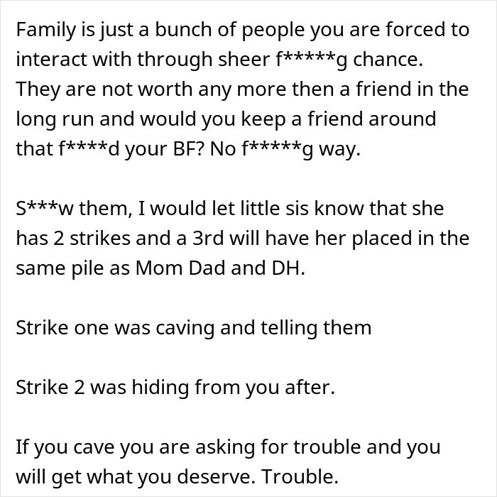 Text message expressing anger toward family after woman cuts off parents for catching mom with fiancé, causing family conflict.