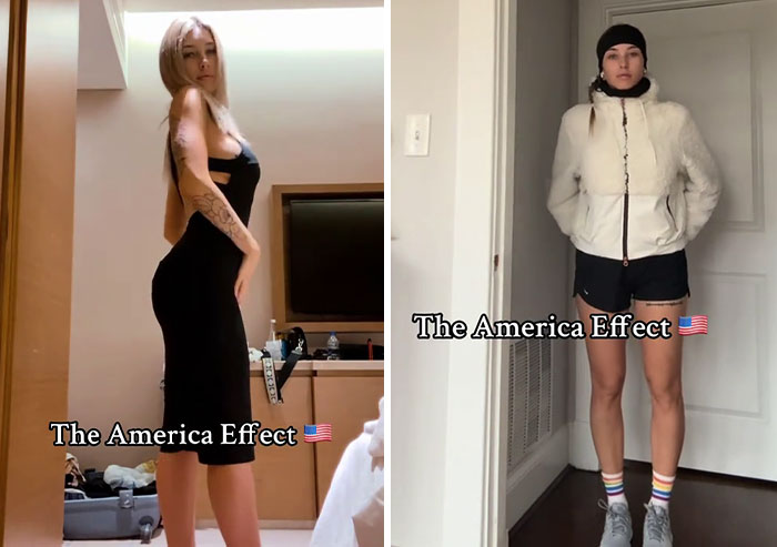 Woman showing before and after photos to illustrate the America Effect on her style and appearance in the US.