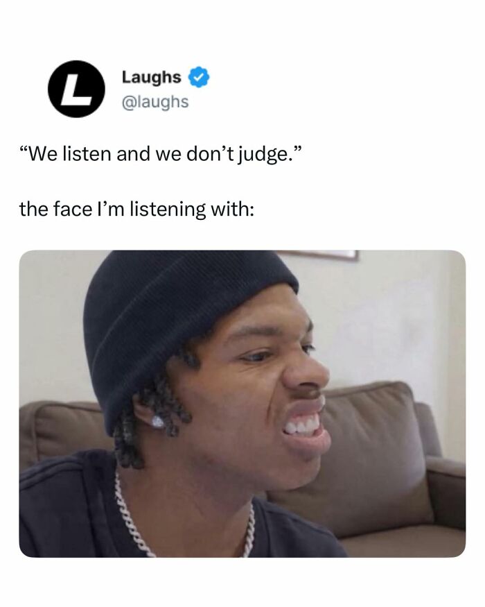 Man making a skeptical face reacting humorously to a tweet, part of funny memes for a break from being responsible adult