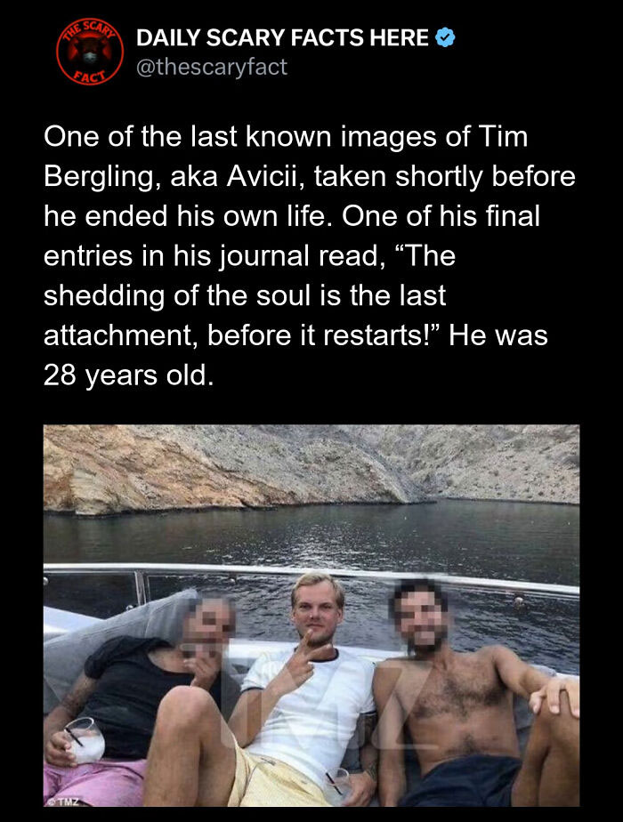 Photo of Tim Bergling aka Avicii on a boat with friends, illustrating one of the last scary facts before his death.