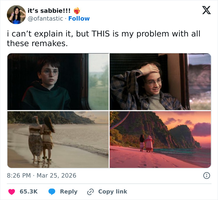 Split image shows young Harry Potter on a train, and two scenes of characters walking on a beach from HBO Harry Potter series memes.