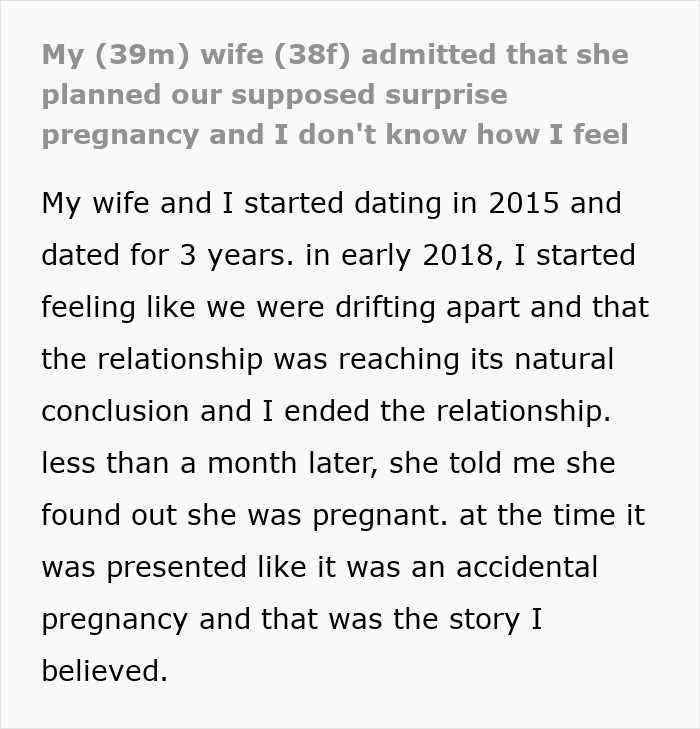 Man reflects on wife&rsquo;s planned surprise pregnancy as a relationship trap to keep her boyfriend from leaving.