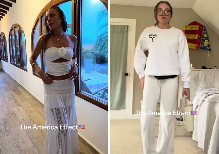 Woman showing before and after transformation photos illustrating the America effect and how the US changed her style.