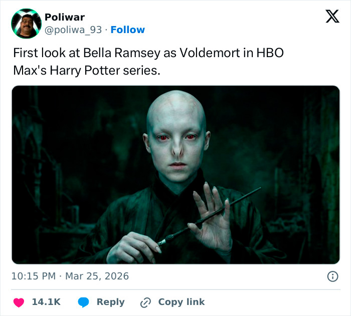 First look at Bella Ramsey as Voldemort in HBO Harry Potter series, holding wand with dark, eerie background.