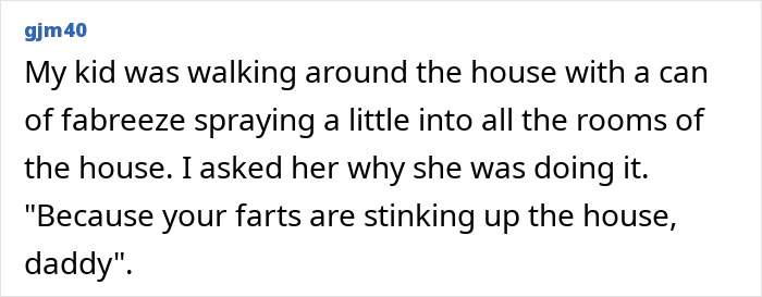 Text post describing a kid accidentally roasting a grown-up by spraying fabreeze to mask stinky farts indoors.