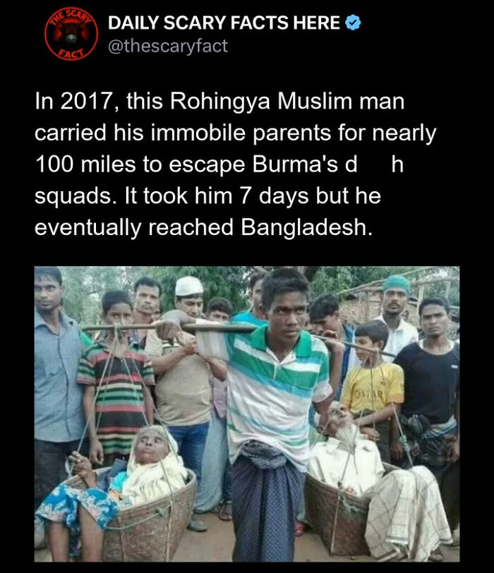 Man carrying immobile parents in baskets for nearly 100 miles, illustrating a scary fact of endurance and survival.