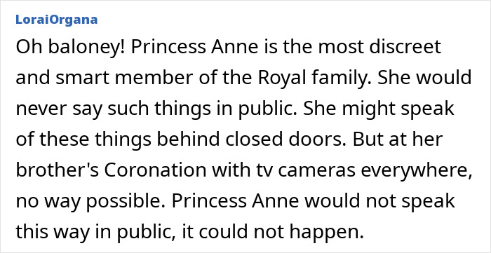 Comment discussing Princess Anne’s discretion, related to senior royals’ remarks about Meghan Markle revealed by lip reader.