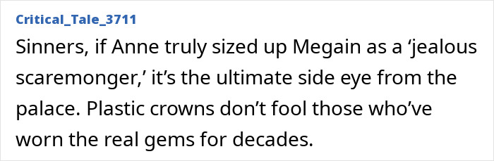 Text excerpt discussing a lip reader revealing senior royals' harsh view of Meghan Markle as a jealous scaremonger.